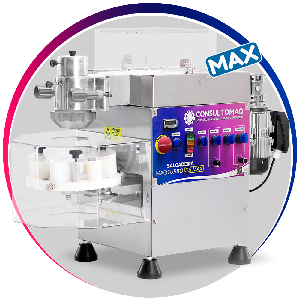 Salgadeira MAX 5.5 modela até 5.500 salgados por hora.